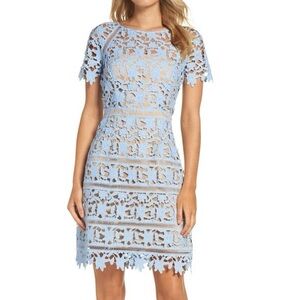 Eliza J Blue Sheath Dress with Flutter Sleeves for Wedding Guest